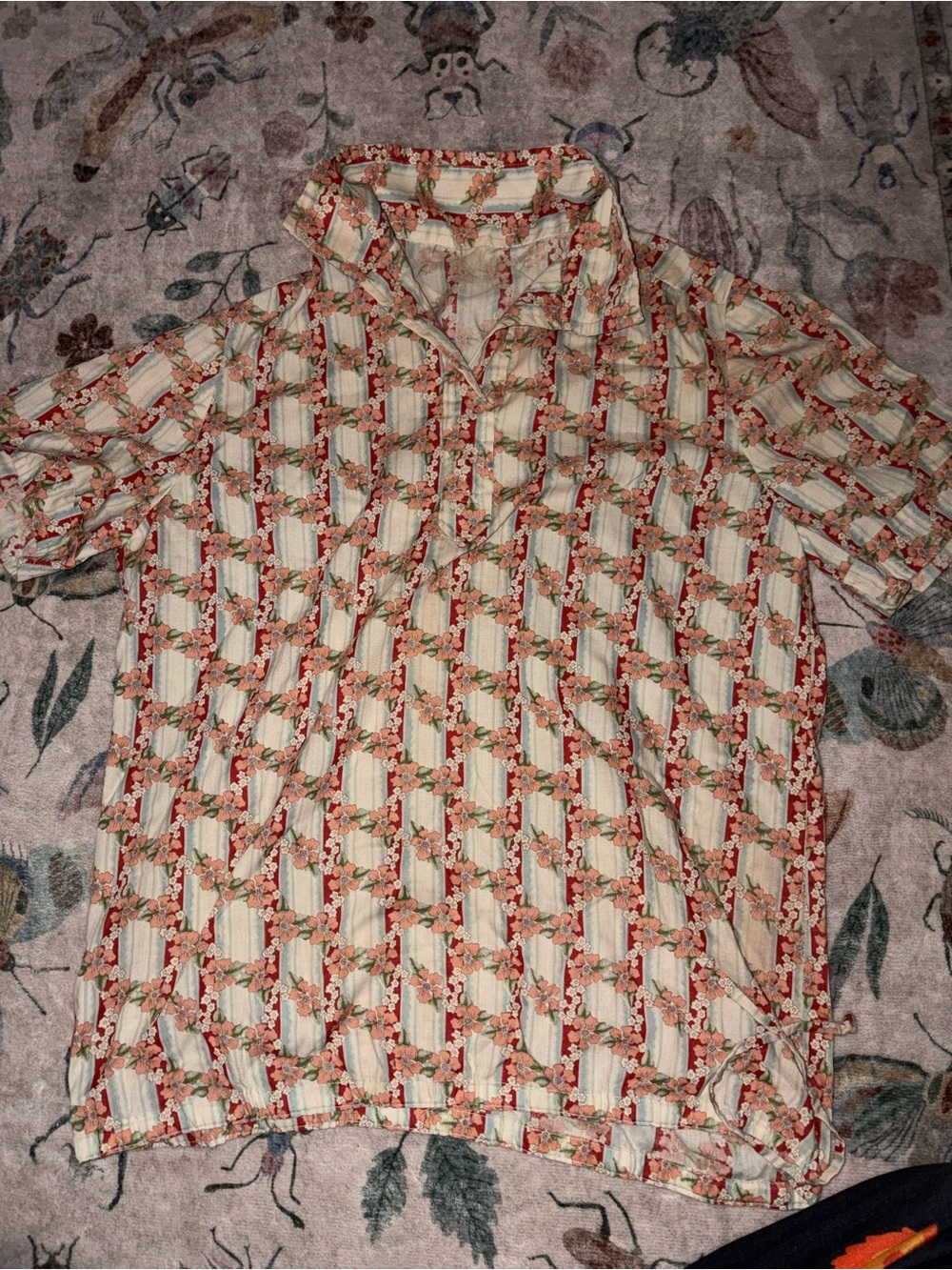 VTG 70s Calico Stripe Drawstring Hem Peasant Blouse Prairie Top